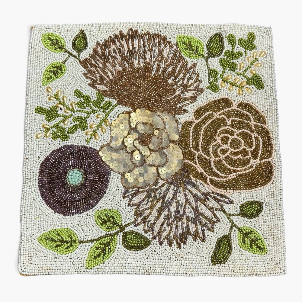 Pier 1 Imported Floral Beaded Placemat 14" Square Sequins Rustic Farmhouse Fall